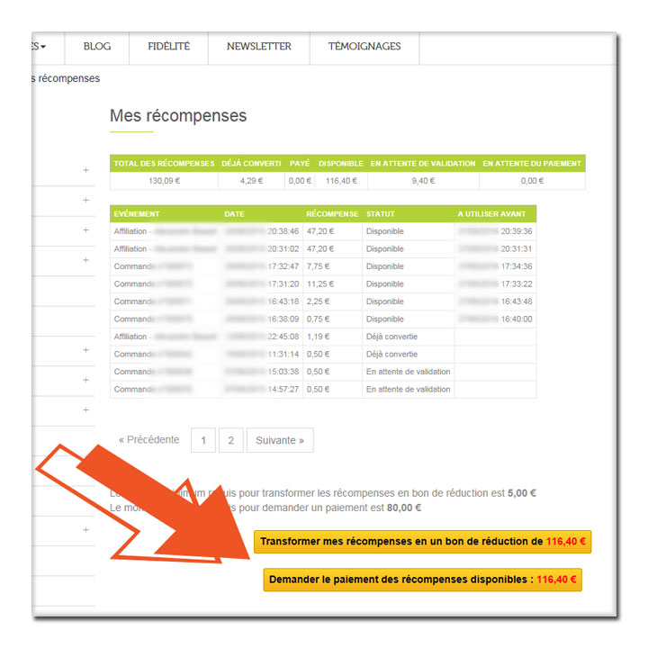 Paiement récompenses